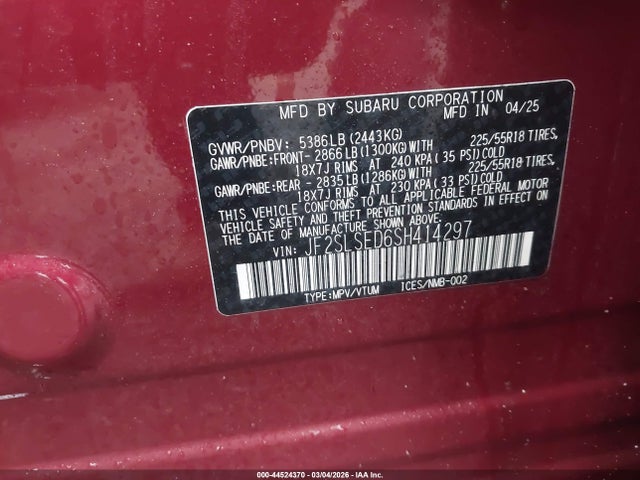 Продажа на аукционе авто 2025 Subaru Forester Premium Hybrid, vin: JF2SLSED6SH414297, номер лота: 44524370