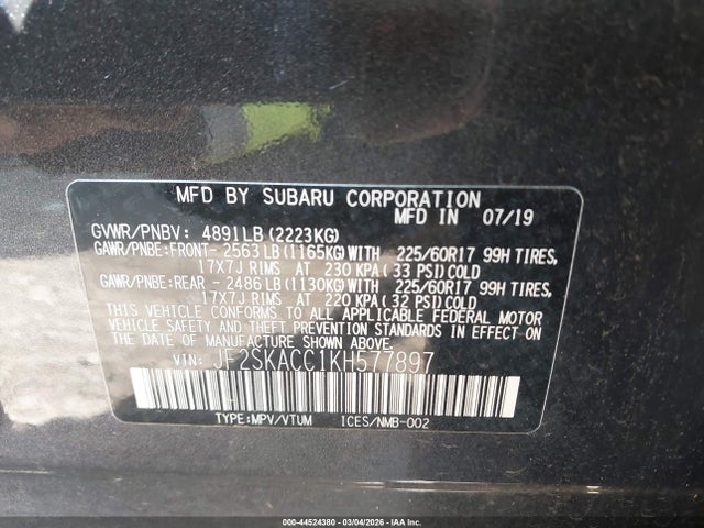 Aukcja sprzedaży 2019 Subaru Forester, vin: JF2SKACC1KH577897, numer aukcji: 44524380