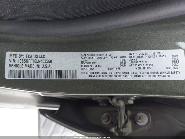 Продаж на аукціоні авто 2020 Ram 1500 Big Horn  4x4 5'7 Box, vin: 1C6SRFFT0LN403560, номер лоту: 44524396