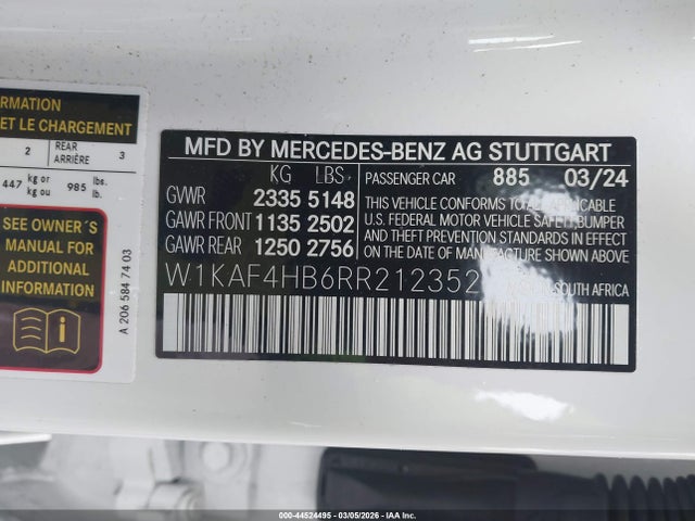 Продажа на аукционе авто 2024 Mercedes-benz C 300, vin: W1KAF4HB6RR212352, номер лота: 44524495