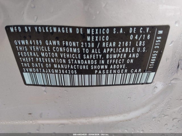 44524520 :رقم المزاد ، 3VWD67AJXGM364205 vin ، 2016 Volkswagen Jetta 1.4t Se مزاد بيع