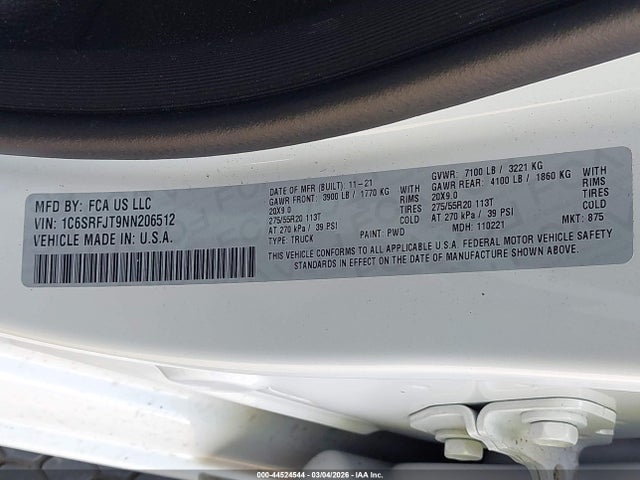 Продажа на аукционе авто 2022 Ram 1500 Laramie  4x4 5'7 Box, vin: 1C6SRFJT9NN206512, номер лота: 44524544