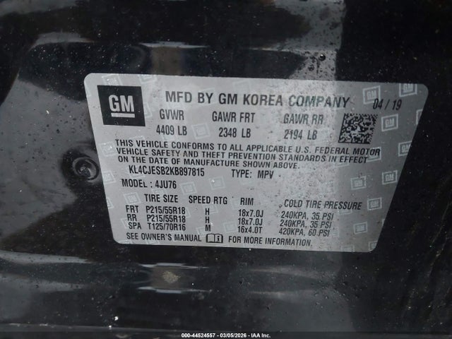 44524557 :رقم المزاد ، KL4CJESB2KB897815 vin ، 2019 Buick Encore Awd Preferred مزاد بيع