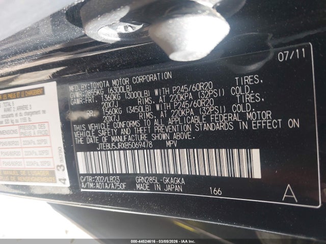 44524616 :رقم المزاد ، JTEBU5JRXB5069478 vin ، 2011 Toyota 4runner Limited V6 مزاد بيع
