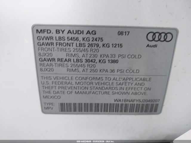 44524649 :رقم المزاد ، WA1BNAFY5J2049207 vin ، 2018 Audi Q5 مزاد بيع