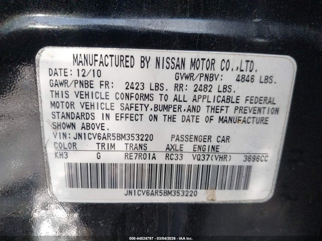 Продаж на аукціоні авто 2011 Infiniti G37x, vin: JN1CV6AR5BM353220, номер лоту: 44524797