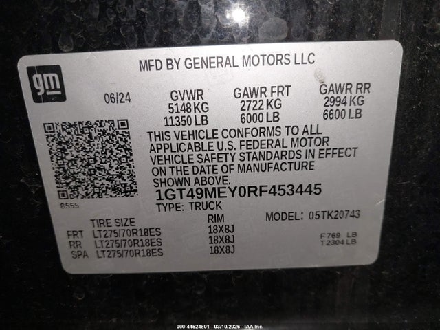 44524801 :رقم المزاد ، 1GT49MEY0RF453445 vin ، 2024 Gmc Sierra 2500hd 4wd  Standard Bed Sle مزاد بيع