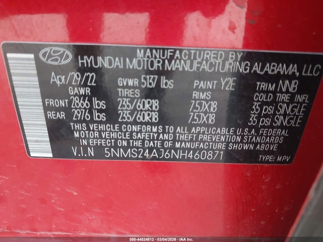 44524812 :رقم المزاد ، 5NMS24AJ6NH460871 vin ، 2022 Hyundai Santa Fe Sel مزاد بيع
