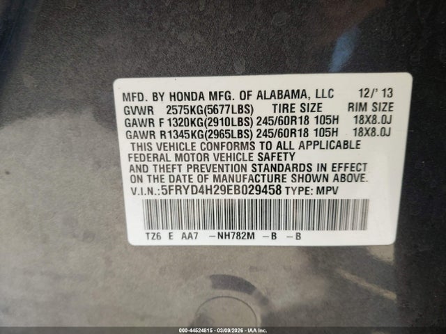 44524815 :رقم المزاد ، 5FRYD4H29EB029458 vin ، 2014 Acura Mdx مزاد بيع