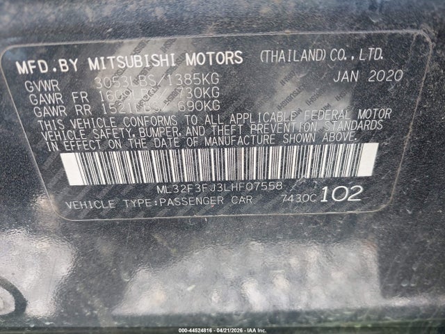 Продаж на аукціоні авто 2020 Mitsubishi Mirage G4 Es, vin: ML32F3FJ3LHF07558, номер лоту: 44524816