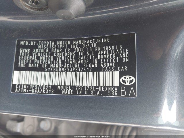 Aukcja sprzedaży 2018 Toyota Corolla Le, vin: 5YFBURHE3JP847412, numer aukcji: 44524842