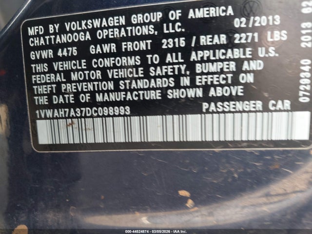 Продаж на аукціоні авто 2013 Volkswagen Passat S, vin: 1VWAH7A37DC098993, номер лоту: 44524874