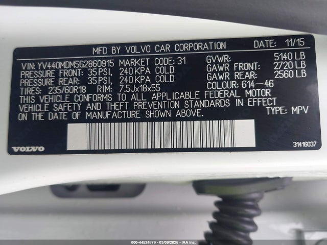 2016 Volvo Xc60 T5 Drive-e Platinum მანქანა იყიდება აუქციონზე, vin: YV440MDM5G2860915, აუქციონის ნომერი: 44524879