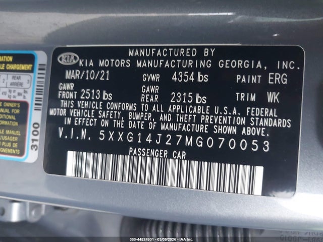 2021 Kia K5 Lxs მანქანა იყიდება აუქციონზე, vin: 5XXG14J27MG070053, აუქციონის ნომერი: 44524901
