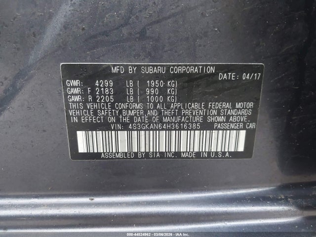 Aukcja sprzedaży 2017 Subaru Impreza 2.0i Limited, vin: 4S3GKAN64H3616385, numer aukcji: 44524962