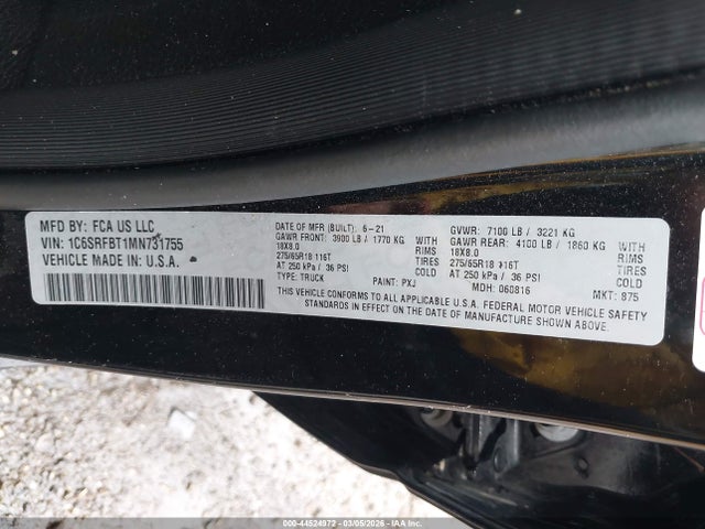 2021 Ram 1500 Big Horn  4x4 6'4 Box მანქანა იყიდება აუქციონზე, vin: 1C6SRFBT1MN731755, აუქციონის ნომერი: 44524972