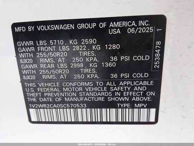 Продажа на аукционе авто 2025 Volkswagen Atlas 2.0t Se W/technology, vin: 1V2WR2CA0SC570533, номер лота: 44524975