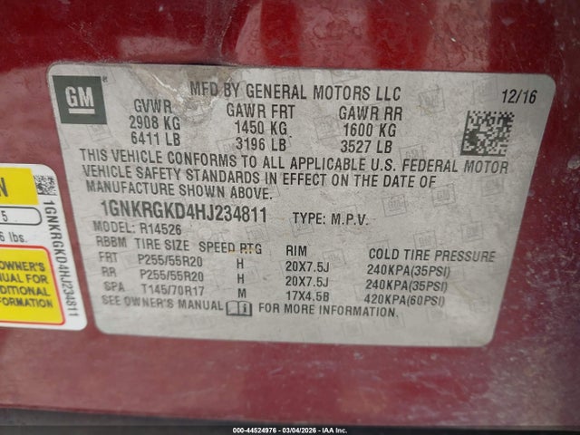 Chevrolet Traverse 1lt 2017 1GNKRGKD4HJ234811 Image 9