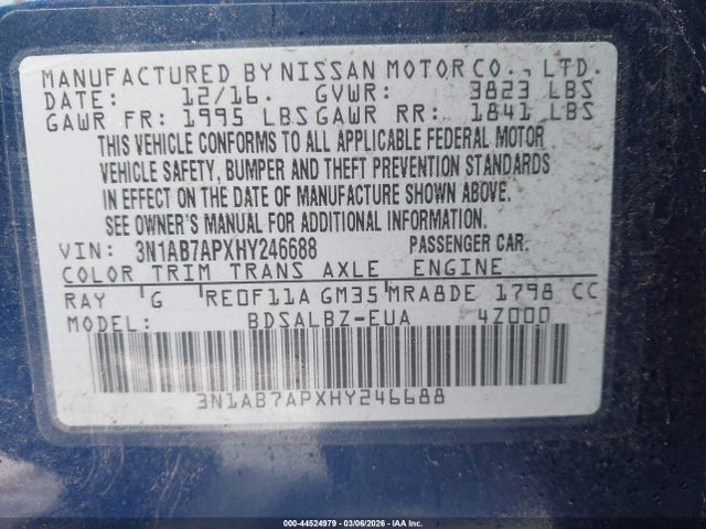 3N1AB7APXHY246688 Nissan SENTRA S