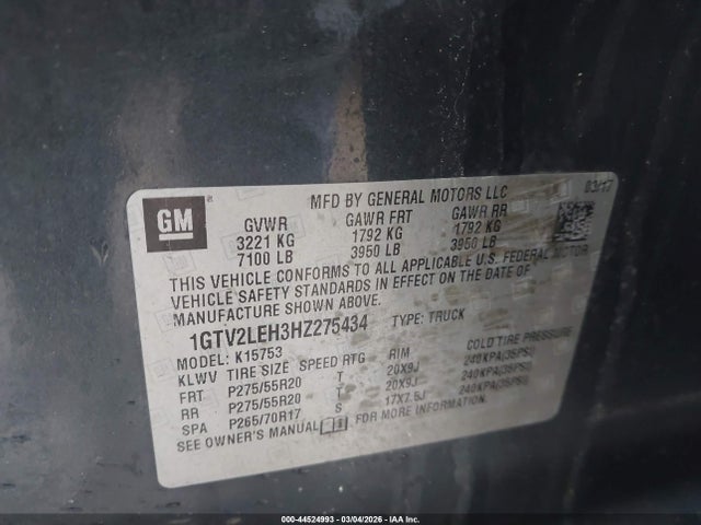 2017 Gmc Sierra 1500 მანქანა იყიდება აუქციონზე, vin: 1GTV2LEH3HZ275434, აუქციონის ნომერი: 44524993
