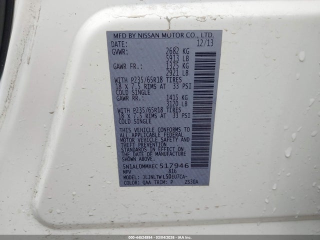 44524994 :رقم المزاد ، 5N1AL0MMXEC517946 vin ، 2014 Infiniti Qx60 مزاد بيع
