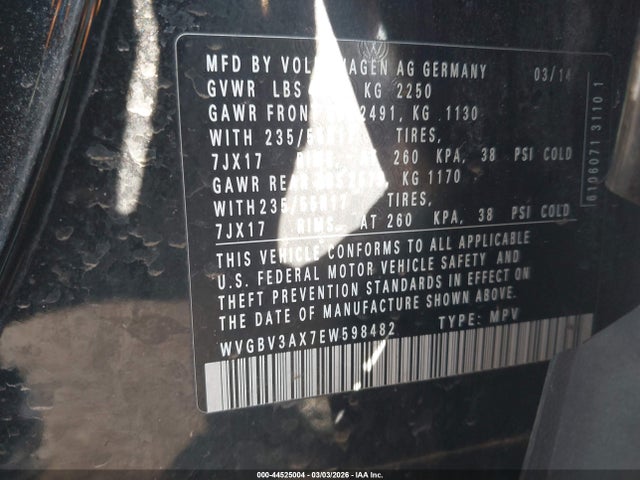 44525004 :رقم المزاد ، WVGBV3AX7EW598482 vin ، 2014 Volkswagen Tiguan Se مزاد بيع