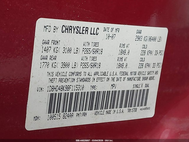 Продажа на аукционе авто 2008 Dodge Durango Slt, vin: 1D8HD48K98F115310, номер лота: 44525007