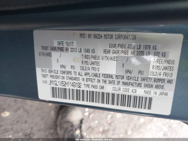 Aukcja sprzedaży 2017 Mazda Mazda6 Touring, vin: JM1GL1V52H1149192, numer aukcji: 44525029