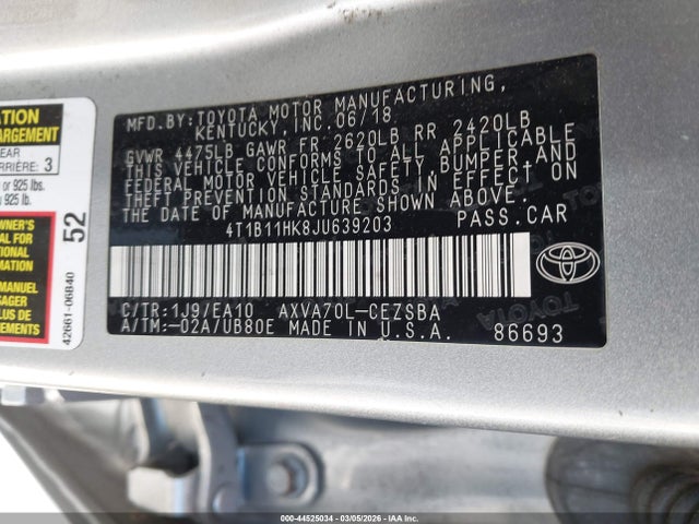 4T1B11HK8JU639203 Toyota CAMRY SE