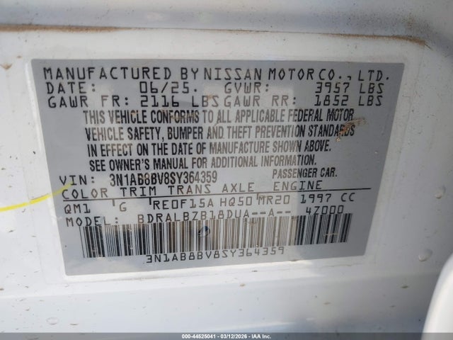 Aukcja sprzedaży 2025 Nissan Sentra S, vin: 3N1AB8BV8SY364359, numer aukcji: 44525041