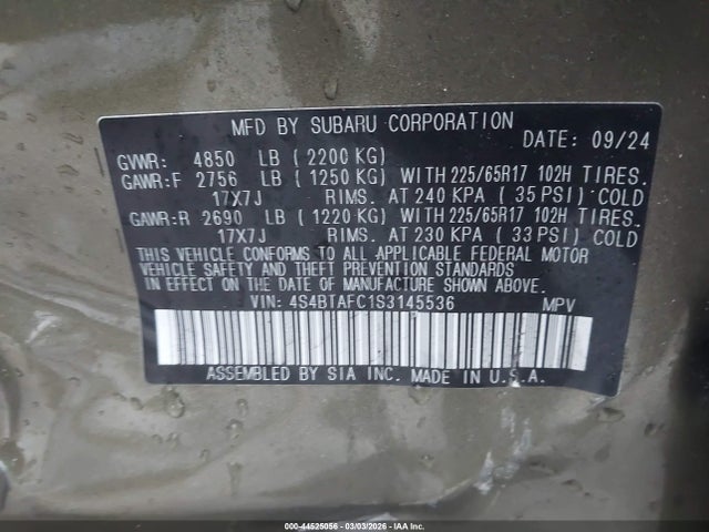 Aukcja sprzedaży 2025 Subaru Outback Premium, vin: 4S4BTAFC1S3145536, numer aukcji: 44525056