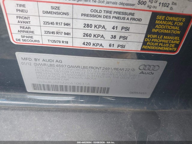 2012 Audi A3 2.0 Tdi Premium მანქანა იყიდება აუქციონზე, vin: WAUKJAFM2CA104314, აუქციონის ნომერი: 44525084