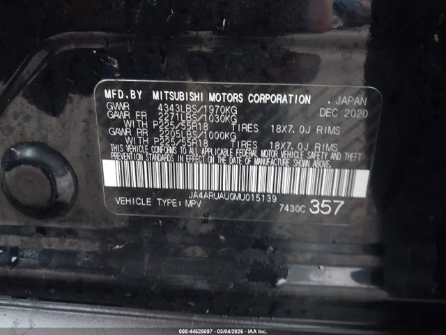 Aukcja sprzedaży 2021 Mitsubishi Outlander Sport 2.0 Be Awc/2.0 Es Awc/2.0 Le Awc/2.0 Se Awc, vin: JA4ARUAU0MU015139, numer aukcji: 44525097