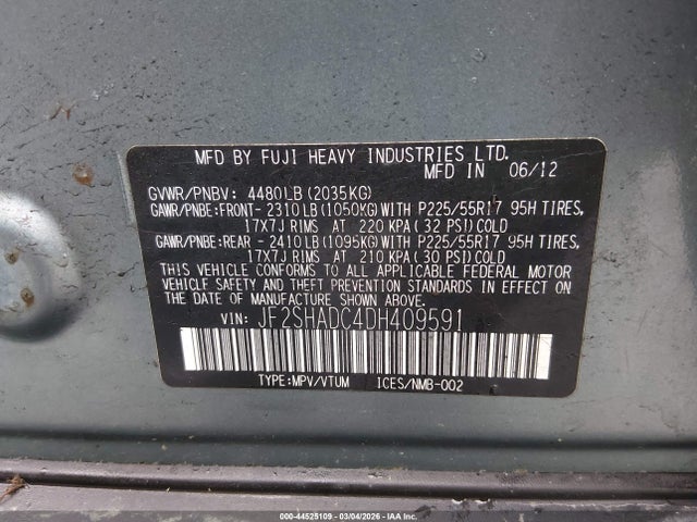 2013 Subaru Forester 2.5x Premium მანქანა იყიდება აუქციონზე, vin: JF2SHADC4DH409591, აუქციონის ნომერი: 44525109
