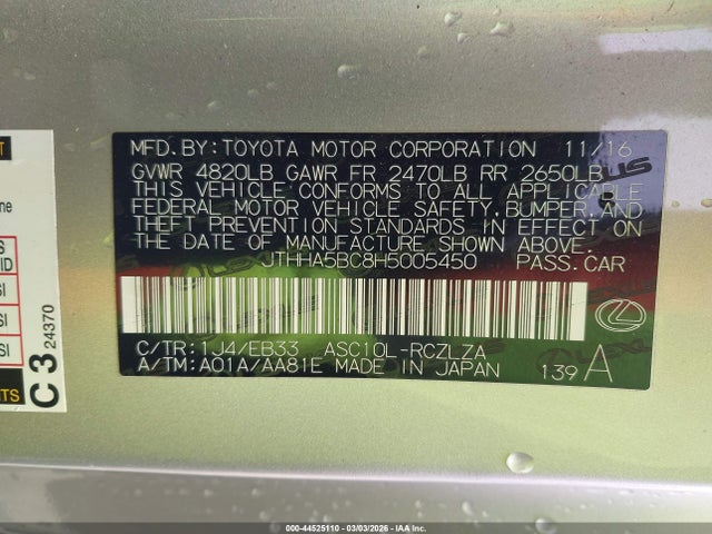 Продажа на аукционе авто 2017 Lexus Rc 200t, vin: JTHHA5BC8H5005450, номер лота: 44525110