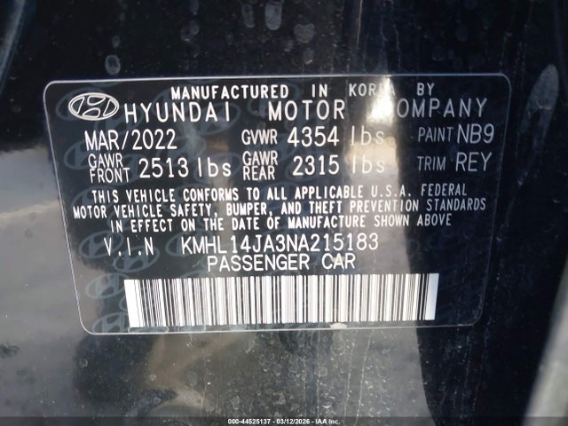 44525137 :رقم المزاد ، KMHL14JA3NA215183 vin ، 2022 Hyundai Sonata Sel مزاد بيع