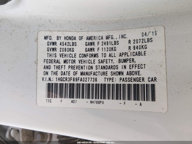 44525159 :رقم المزاد ، 1HGCR3F89FA027736 vin ، 2015 Honda Accord Ex-l V-6 مزاد بيع