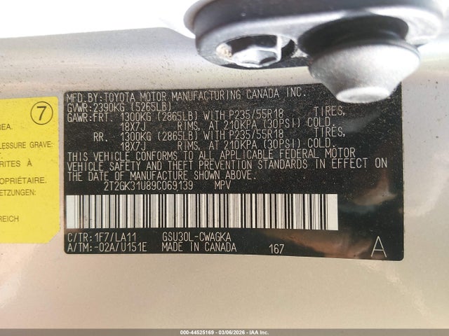 44525169 :رقم المزاد ، 2T2GK31U89C069139 vin ، 2009 Lexus Rx 350 مزاد بيع