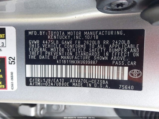 Продаж на аукціоні авто 2019 Toyota Camry Se, vin: 4T1B11HKXKU699887, номер лоту: 44525179