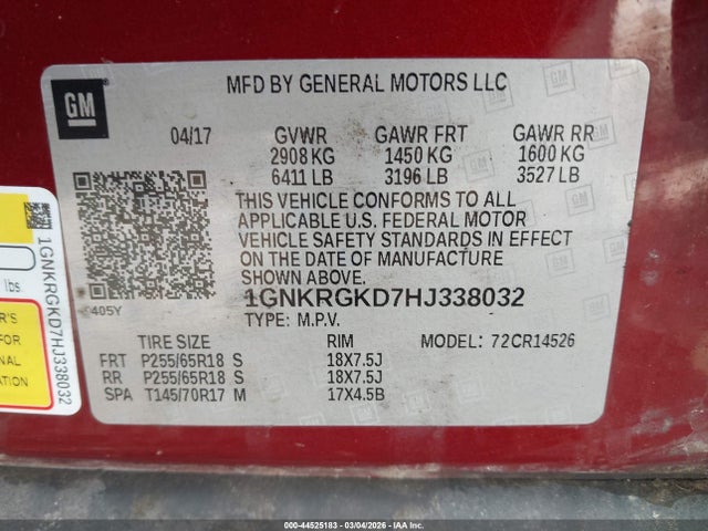 Продажа на аукционе авто 2017 Chevrolet Traverse 1lt, vin: 1GNKRGKD7HJ338032, номер лота: 44525183