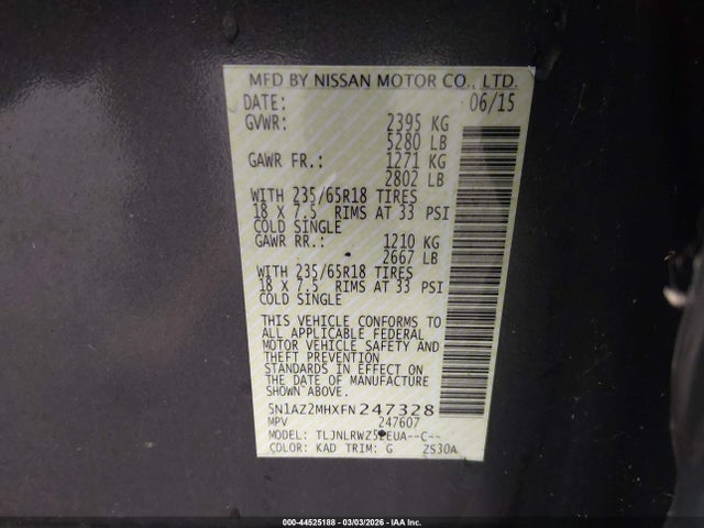 5N1AZ2MHXFN247328 Nissan MURANO SL