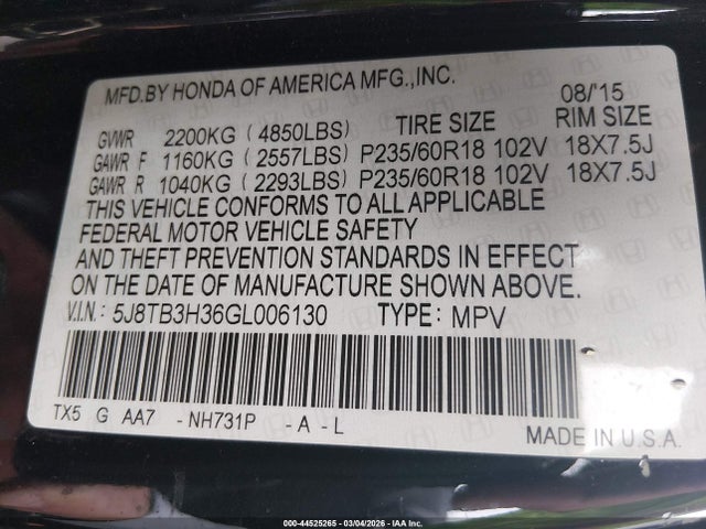 Aukcja sprzedaży 2016 Acura Rdx Acurawatch Plus Pkg, vin: 5J8TB3H36GL006130, numer aukcji: 44525265