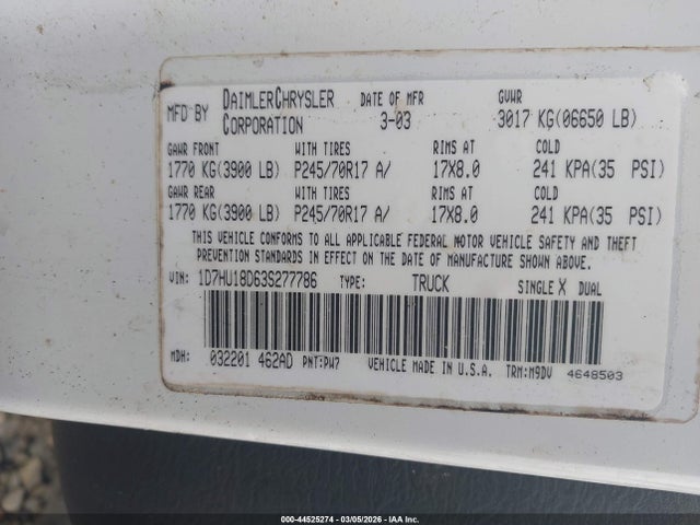 Aukcja sprzedaży 2003 Dodge Ram 1500 Slt/laramie/st, vin: 1D7HU18D63S277786, numer aukcji: 44525274