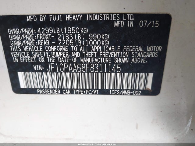 2015 Subaru Impreza 2.0i მანქანა იყიდება აუქციონზე, vin: JF1GPAA68F8311145, აუქციონის ნომერი: 44525286