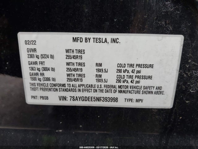 Aukcja sprzedaży 2022 Tesla Model Y Long Range Dual Motor All-wheel Drive, vin: 7SAYGDEE5NF393998, numer aukcji: 44525309