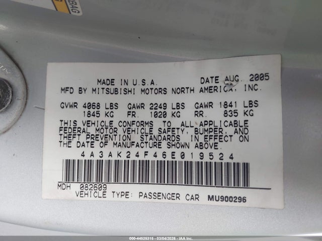 2006 MITSUBISHI ECLIPSE 4A3AK24F46E019524 Photo 8