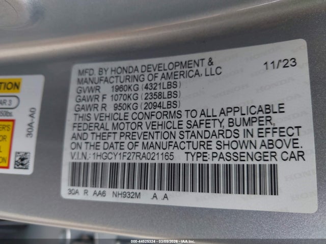 44525324 :رقم المزاد ، 1HGCY1F27RA021165 vin ، 2024 Honda Accord Lx مزاد بيع