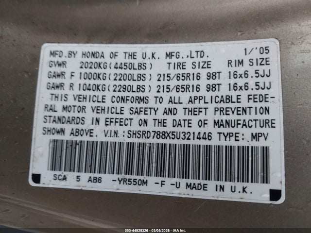 2005 HONDA CR-V SHSRD788X5U321446 Photo 8