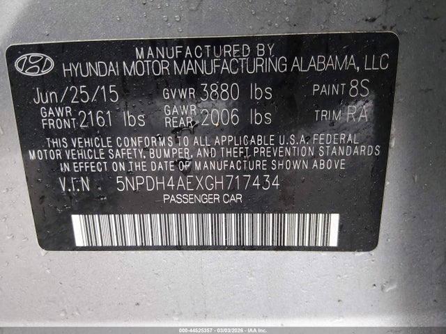 Aukcja sprzedaży 2016 Hyundai Elantra Se, vin: 5NPDH4AEXGH717434, numer aukcji: 44525357