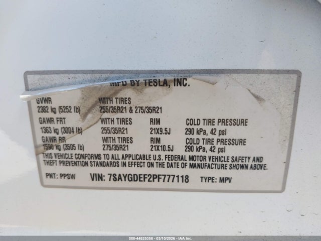 44525358 :رقم المزاد ، 7SAYGDEF2PF777118 vin ، 2023 Tesla Model Y Performance Dual Motor All-wheel Drive مزاد بيع